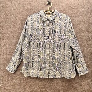 Appleseeds Womans Button Down Shirt Size 1X Blue Green Print Long Sleeve Top
